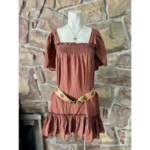 Mora  Dress M  Pink Polka-Dot Smocked Flutter Short Sleeve Off Shoulder Back Tid